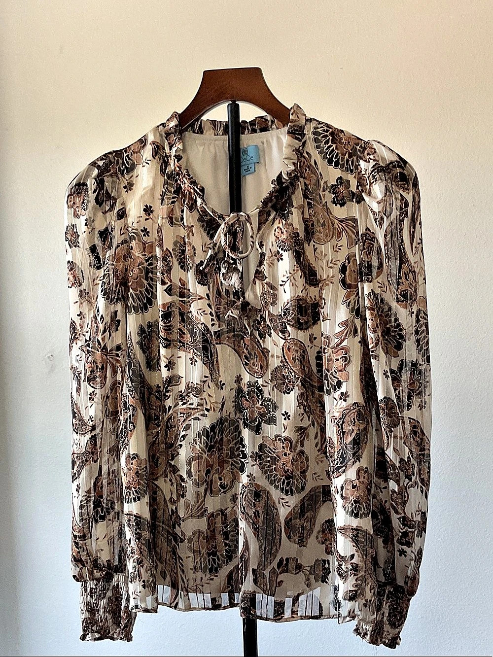 CeCe Paisley Long Sleeve Gathered Neck Blouse with Ruffle Detail